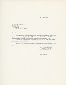 Letter from Lucy Gwin to Sharon Kutz-Mellem