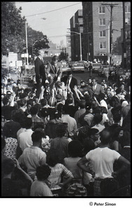 Robert Kennedy and Kenneth Keating campaigning in Riverdale: Robert Kennedy shaking hands with the crowd