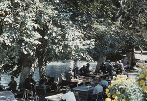 People at tables near pond