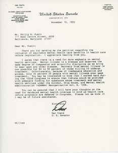 Letter from Dan Coats to Philip A. Kumin