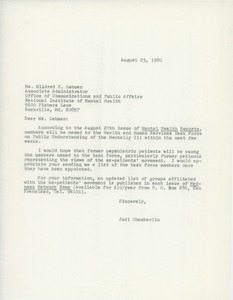 Letter from Judi Chamberlin to Mildred K. Lehman