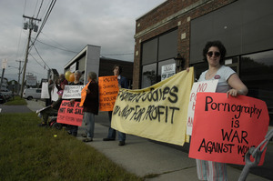 Protest against a pornographic video store in Northampton: protesters in front of proposed store site on King Street