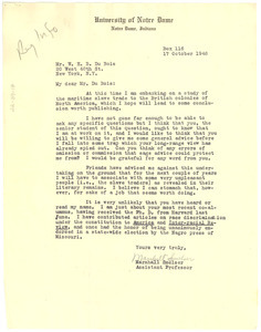 Letter from Marshall Smelser to W. E. B. Du Bois