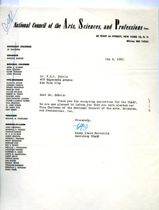Letter from National Council of the Arts, Sciences, and Professions to W. E. B. Du Bois