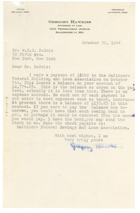 Letter from Gregory Hawkins to W. E. B. Du Bois