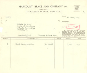 Invoice from Harcourt Brace & Company to W. E. B. Du Bois