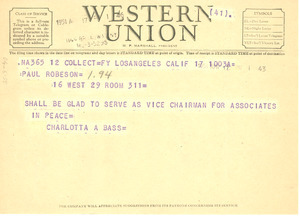 Telegram from Charlotta A. Bass to Peace Information Center