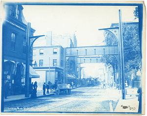 Looking north on Washington Street opposite Cobb Street, first to cross girders set in place