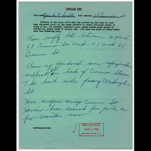 Complaint form from Yolanda R. Smith of 68 Circuit Street concerning empty lots, abandoned cars, and street sweeping on Circuit Street