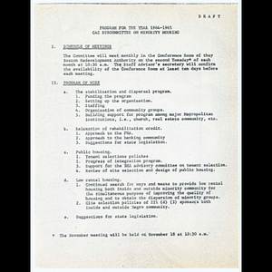 Drafts of program schedules for Citizens Advisory Committee Subcommittees on Minority Housing, Relocation Housing, and on Housing and Housing for the Elderly for 1964-1965 and memorandums about meeting schedules