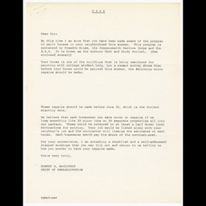 Letter from Robert B. McGilvray to homeowners about repairs before house painting by Roxbury Work and Study Project and repair form