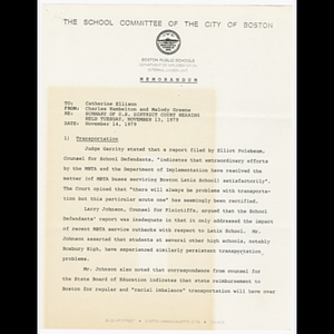 Memorandum from Charles Hambelton to Catherine Ellison about U.S. district court hearing held November 14, 1979