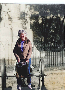 Joan Gerry in front of the Soldiers and Sailors Monument, Wakefield, Mass