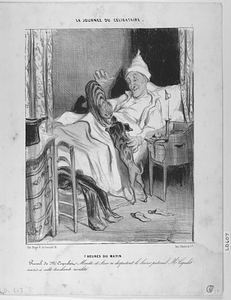 7 HEURES DU MATIN. Réveil de Mr. Coquelet. Minette et Azor se disputent le baiser paternel: Mr. Coquelet sourit à cette touchante rivalité.