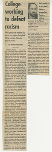 "College working to defeat Racism" newspaper article by John Appleton (ca.1996)