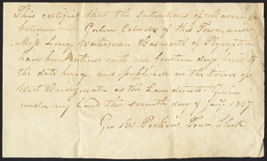 Marriage Intention of Galen Colwell of West Bridgewater, Massachusetts and Lucy W. Bosworth of Plympton, Massachusetts, 1827