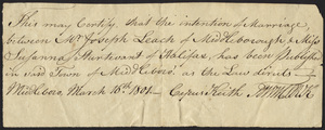 Marriage Intention of Joseph Leach of Middleborough, Massachusetts and Susanna Sturtevant, 1801