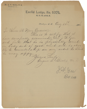 Medical certification letter for J. W. Gee, 1906 August 26