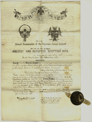 Letter of appointment of Edmund B. Hays as Sovereign Grand Commander of the Supreme Council for the Northern Jurisdiction of the Western Hemisphere, 1858 May 14