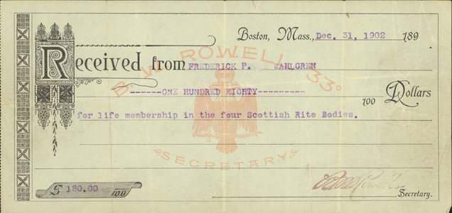 Life membership receipt issued by the Valley of Boston to Frederick Peter Wahlgren, 1902 December 31