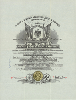 Active 33° membership certificate issued by the Supreme Council for the Northern Masonic Jurisdiction to John Hanford Van Gorden, 1960 September 29