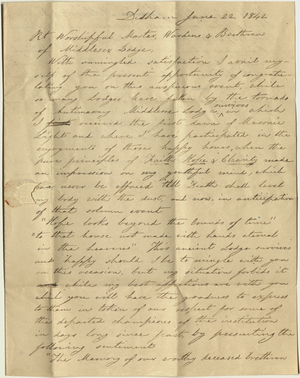 Letter from Elisha Thayer to the Officers and Members of Middlesex Lodge (Framingham, Mass.)