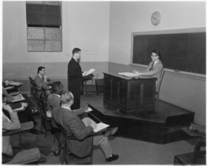 Mock trial at Suffolk University Law School's moot court, circa 1940s