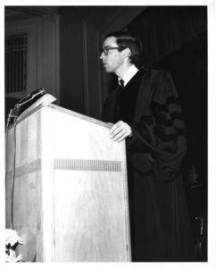 James H. Ottaway Jr. speaks from the podium at the 1970 Suffolk University commencement