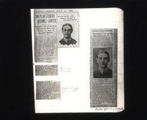 News clippings about Suffolk University Law School alumnus Roland Edward Brown (JD 1909), Suffolk's first law graduate to pass the Massachusetts Bar (1908)