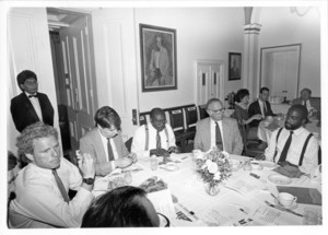 John Joseph Moakley at a meeting with members of the Massachusetts congressional delegation and the Congressional Black Caucus, 1980s