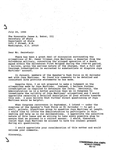 Letter from John Joseph Moakley to the Honorable James A. Baker, III regarding the interrogation and allegations against Cesar Villeman Joya Martinez, 26 July 1990