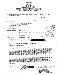 Federal Bureau of Investigation (FBI) laboratory report on one cartridge case from scene of Jesuit murders, 9 August 1990
