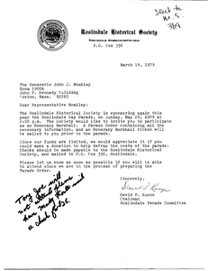 Schedule request for John Joseph Moakley from the Roslindale Historical Society inviting John Joseph Moakley to be a marshal in a parade