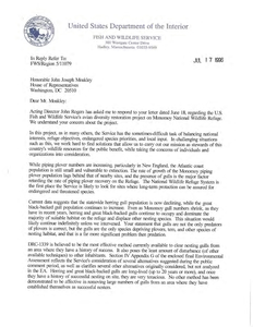 Letter from Ronald E. Lambertson, Regional Director of the Fish and Wildlife Service, to John Joseph Moakley regarding the avian diversity restoration project on the Monomoy National Wildlife Refuge