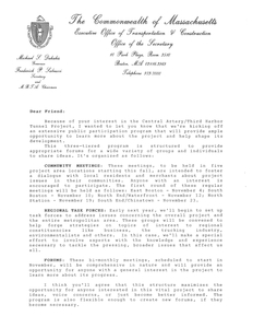 Letter from Massachusetts Secretary of Transportation Fred Salvucci to Congressman John Joseph Moakley regarding the launch of a public participation program to promote the Central Artery/Third Harbor Tunnel Project, circa 1987