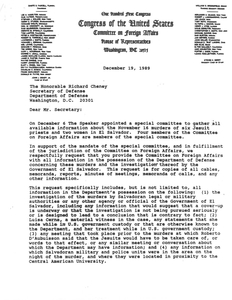 Letters from Congressman Dante B. Fascell to Secretary of Defense Richard Cheney, FBI Director William S. Sessions, Secretary of State James A. Baker III, and CIA Director William H. Webster regarding a congressional task force to investigate the Jesuit murders in El Salvador