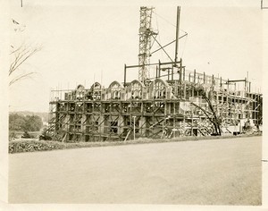 Saint Mary's Hall exterior during construction, from Linden Lane