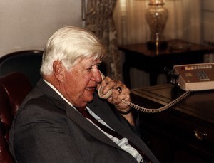 Thomas P. O'Neill speaking on the phone in the Speaker's office, side view
