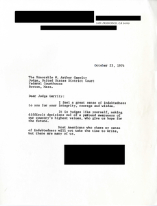 Letter to Judge W. Arthur Garrity, 1974 October 23