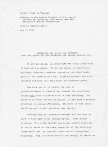 Senator Paul E. Tsongas address to the Boston Society of Architects, Society of Landscape Architects, and the American Planning Association: Enhancing the Urban Environment: New challenges for the Planning and Design Professional