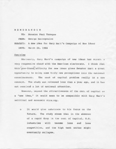 Memo to Senator Paul Tsongas regarding a new idea for Gary Hart's campaign of new ideas
