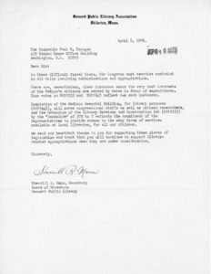 Letter to Paul E. Tsongas from Sherrill R. Mann