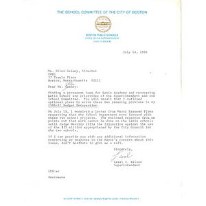 Letter, School Committee of Boston, July 28, 1986.