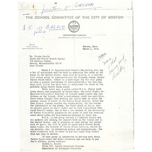 Letter, Frieda Garcia, March 3, 1976.