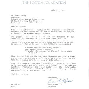 Correspondence with the Boston Foundation concerning a grant proposal for funding for the Chinese Progressive Association Workers' Center, accompanied by supporting application documents