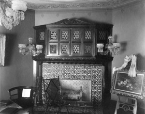 Interior view of unidentified house, parlor fireplace mantel, Longwood, Brookline, Mass., 1888-1892