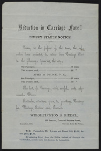 Reduction in carriage fare! livery stable notice, Wrightington & Riedel, 196 Tremont, corner of Boylston Street, Boston, Mass., December 1857