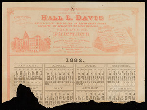 Calendar fragment for Hall. L. Davis, manufacturer and dealer in paged blank books, importer of stationery and paper hangings, Exchange Street, Portland, Maine, 1882
