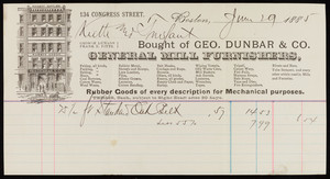 Billhead for Geo. Dunbar & Co., general mill furnishers, 134 Congress Street, Boston, Mass., dated June 29, 1885