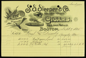 Billhead for S.S. Sleeper & Co., manufacturers & wholesale dealers in cigars, 11 & 12 South Market Street, Boston, Mass., dated September 7, 1895